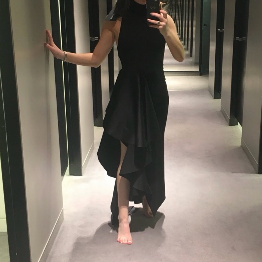 Solace London High-Neck Asymmetrical Ruffle Gown in Black